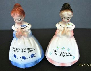 Vintage Girls Praying Porcelain Salt & Pepper Shakers " We Give Thanks "