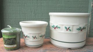 Longaberger Pottery Holly Berry Crock 3.  5x4.  5 ",  2.  5 " Votive Cup W Yankee Candle
