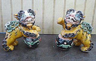 Pair Handmade Shiwan Figurine Paying Ball Foo Dog Ceramic Statue 4 " L X 4 " W