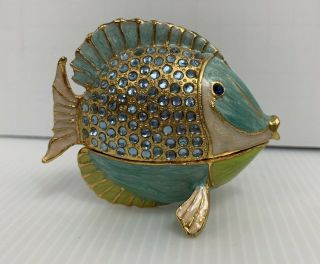 Rhinestone Enameled Metal Hinged Fish Trinket Box Puffer Fish Jewelry