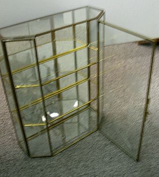 Vintage Brass Glass & Mirror Curio Display Case Wall Cabinet Hexagon & Door