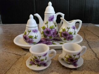 Royal Norfolk 10 Pc Toy Miniature Porcelain Tea Set Purple Flowers Euc