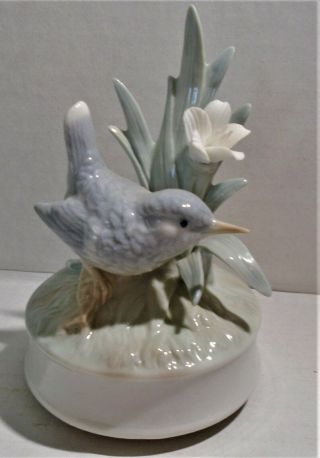 Vintage Otagiri Japan Porcelain Music Box Figurine Blue Bird & White Flower