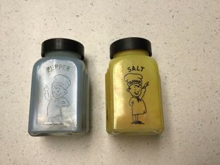 Vintage Tappan Mckee Milk Glass Salt Pepper Shaker Set - Blue & Yellow