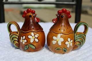 Vintage Flowered Roosters Salt And Pepper Shakers - Japan