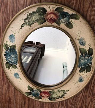 Vintage Hand Painted Wooden Framed Round Wall Mirror