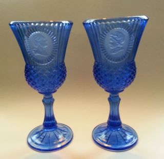 Fostoria Cobalt Blue George & Martha Washington Glass Goblets Set