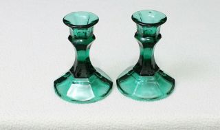 Two Libbey Teal Emerald Green Glass 4 1/2 " Candle Stick Holders