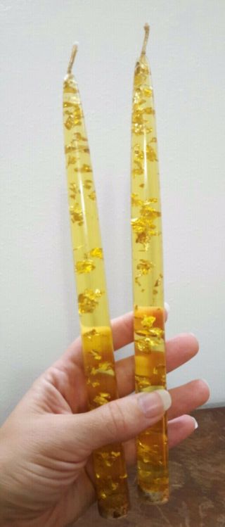 Vintage Mid Century 60s Lucite Candlesticks,  Acrylic Gold Flake Candles
