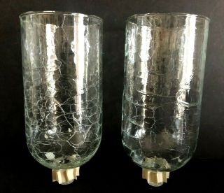 Vintage Set Of 2 Clear Crackle Glass Peg Votive Candle Holders 6.  75 " Tall