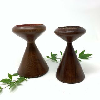 Pair Set Of 2 Vtg Mid - Century Modernist Modern Wood Medium Pillar Candle Holders