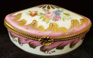Vintage Limoges Porcelain Trinket Triangle Box Hinged Pink W/gold