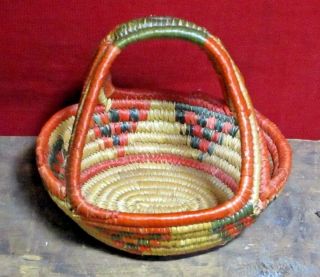 Vintage Native American Indian Woven Basket With Handle Green & Coral Orange Red