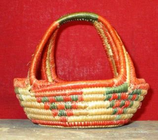 Vintage Native American Indian Woven Basket with Handle Green & Coral Orange Red 2