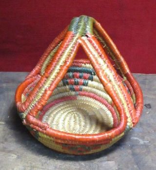 Vintage Native American Indian Woven Basket with Handle Green & Coral Orange Red 3