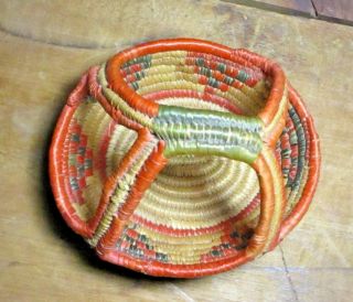 Vintage Native American Indian Woven Basket with Handle Green & Coral Orange Red 4