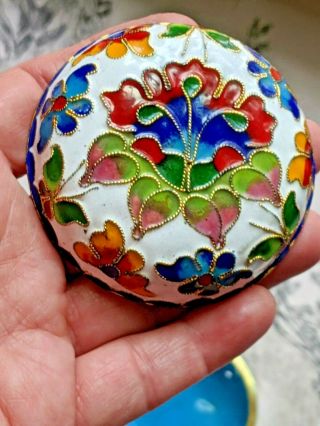 Vintage Chinese Cloisonne Round Trinket Box Champleve Brilliant Colors On White