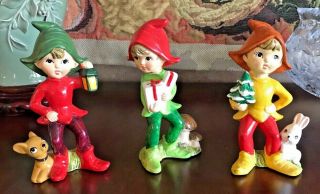 Vintage Set Of 3 Homco Christmas Elves/pixies Porcelain 5215,  6 " Tall Euc