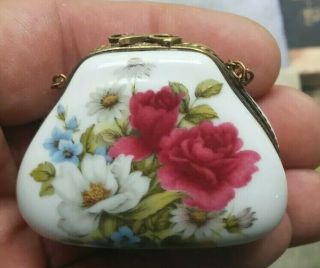 Limoges France Victorian Style Purse Trinket Box With Chain Multi Flowers