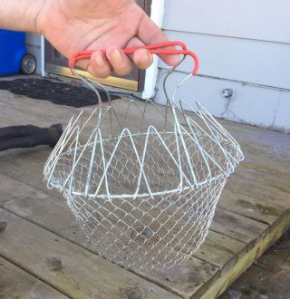 Vtg Collapsible Wire Egg Basket Metal With Red Rubber Handles Farm