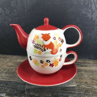 Theodor Maass Hamburg Design Fox Print Tea For 1 Porcelain Teapot Cup Saucer Red