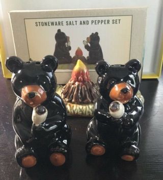 Cute Black Bears Sitting Around A Camp Fire Salt And Pepper Shakers