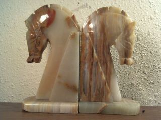Vintage Horse Head Bookends Hand Carved Onyx Rock Marble Stone Book Ends (2)