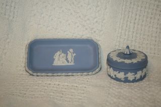 Blue Jasperware Neoclassical Round Trinket Box With Lid & Trinket Flat Tray