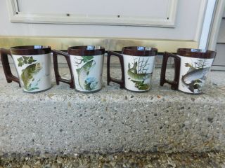 Vintage Set Of 4 Flambeau Fish Coffee Mugs Bass,  Rainbow Trout,  Muskie,  Lake Trout