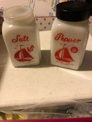 Vintage Milk Glass Salt And Pepper Shakers Sailboats Ocean