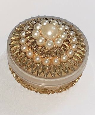 Vintage Trinket Pill Box Container Gold Tone Filigree And Pearls