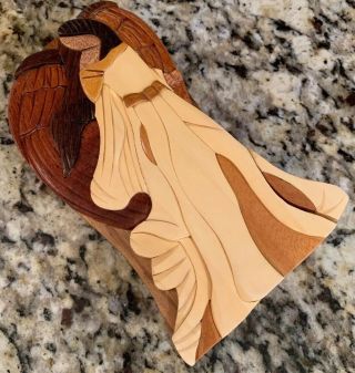 Carver Dans Hand Crafted Wood Angel Wings Jewelry Trinket Puzzle Box Brown Multi