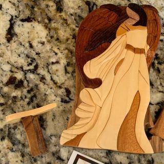 Carver Dans Hand Crafted Wood Angel Wings Jewelry Trinket Puzzle Box Brown Multi 6