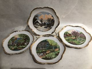Set 4 Currier & Ives American Homestead Seasonal Hanging Scalloped Wall Plates