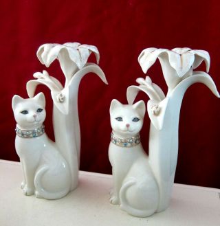 2 Lenox Jeweled Cat Candlesticks Candle Holders 2003