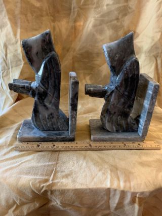 Onyx Marbled Looking Gray Monk Bookends - Reading Hooded Figures 9” 2