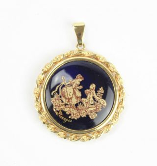 Vintage Limoges Jewelry Cobalt Blue Porcelain Gold Romeo And Juliet Pendant