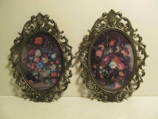 2 Vintage Metal Brass Victorian Oval Frame Bubble Glass With Flower Pics Italy