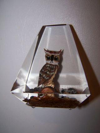 Hand Carved Wood Horned Owl In Lucite Paperweight 4  In Tall Made In Canada