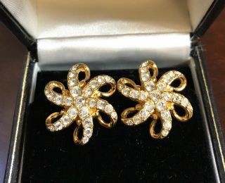 Vintage Swarovski Signed Gold Plated Crystal Rhinestone Clip Star Earrings