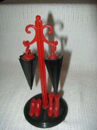 Vintage Hard Plastic Umbrella Stand & Boots Salt & Pepper Shakers Red & Black