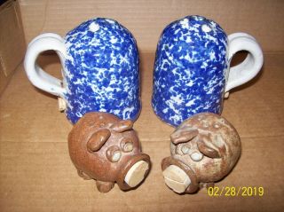2 Pair Salt & Pepper Shakers Pottery/clay Pigs 2 1/8 " & Blue Splatter 4 "