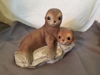 1981 Vintage Homco Masterpiece Porcelain Two Baby Seals Figurines