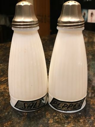 Vintage White Milk Glass Large Salt & Pepper Shakers With Aluminum Lids