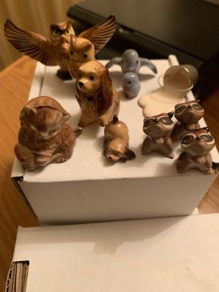 10,  Vintage Hagen Renaker Miniature Figurines.  Owls,  Raccoons,  Dogs,  Blue Birds