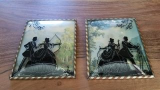 Pair Vintage Reverse Painted Archery Convex Glass Silhouette Pictures