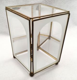 Vtg Brass Glass Tabletop Curio Display Box Etched Glass Mirror Back 7.  25 " H