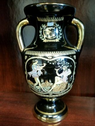 Vintage Sk Vase Hand Made In Greece Greek Mythology Black 24k Gold