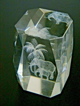 Lazer Etched Glass Block 3d Elephant With Baby By A Palm Tree Paper Weight 3 "