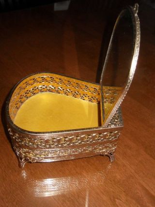 Gold Filigree Ormolu? Regency Jewelry Casket Trinket Box Beveled Glass Footed